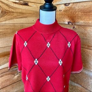 Vintage 1990s Sag Harbor Red Argyle Mock Neck Short Sleeved Sweater